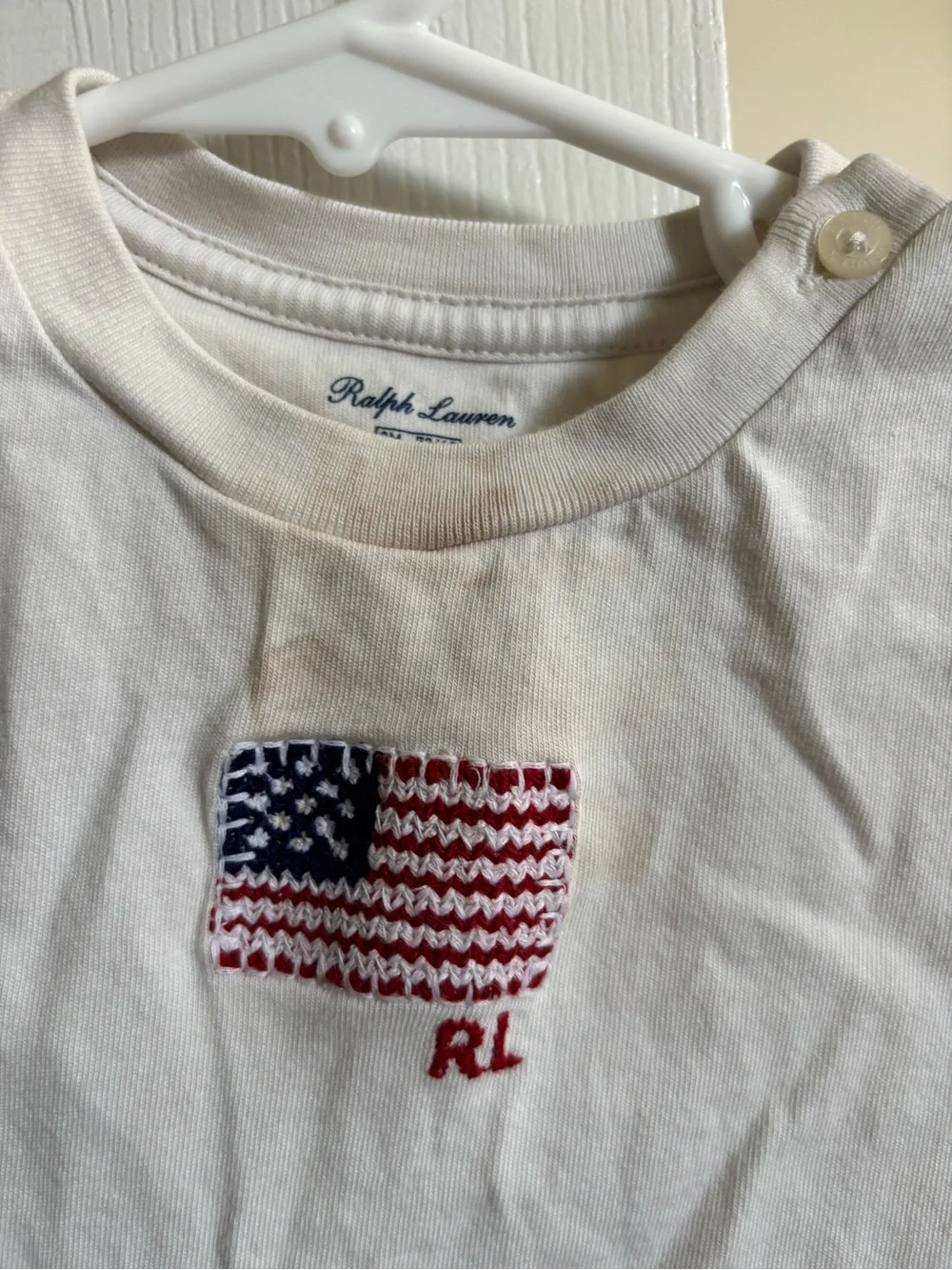Ralph Lauren White Toddler Tee with Embroidered Flag